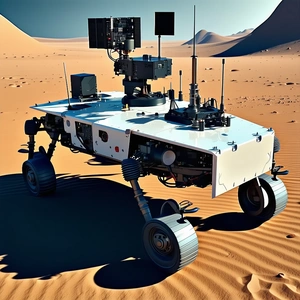 A White Robotic Vehicle With Four Wheels, Sitting In A Desert-like Environment