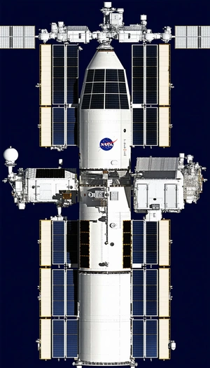 A Large Spacecraft Is Shown In A Blue Background, With A White And Black Color Scheme