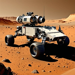 A White Robotic Vehicle Is Parked On A Rocky Surface, Possibly A Desert