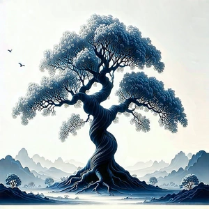 Nature Woodcut Print: (ancient:1.17) (tree:1.48) In Spring Bloom With Large Tree