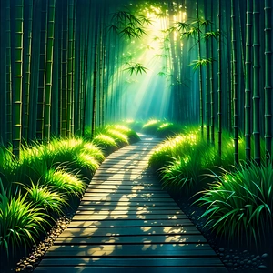 Nature Technical Illustration: Path Through Bamboo Grove With Serene Forest