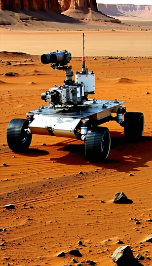 A Large Robotic Vehicle, Possibly A Tank, Driving Across A Sandy Terrain