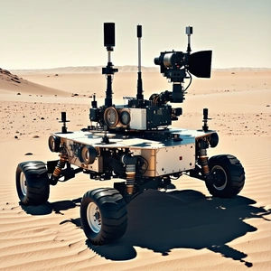 A Large Robotic Vehicle With A Camera On Top, Driving Across A Sandy Terrain