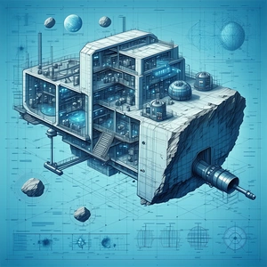 The Image Is A Blueprint Of A Futuristic Building, Possibly A Space Station Or A Large Spacecraft