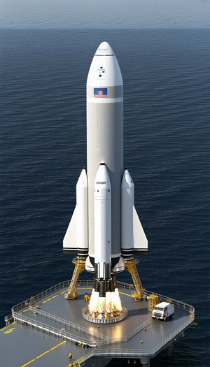A Large White Rocket Ship Is Floating On The Water