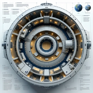 The Image Is A Detailed Diagram Of A Space Station, Showcasing Its Various Components
