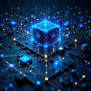 Tech Blender Artwork: Blockchain Network Visualization With Blue, Three-dimensional