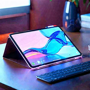 Tablet With Glowing Screen With Table Keyboard