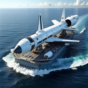 A Large White Airplane, Possibly A Space Shuttle, Sitting On Top Of A Boat