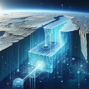 The Image Is A Futuristic Depiction Of A Space Station With A Large, Blue, And White Ice Wall