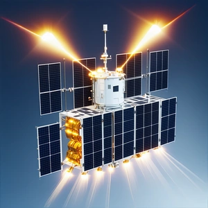 A Spacecraft Is Shown In A Close-up View, With Its Solar Panels And Other Components Clearly Visible