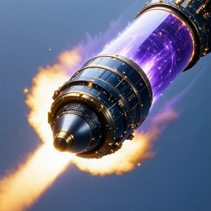 A Large, Purple, Metallic Structure Is Seen In The Sky, With A Trail Of Fire Behind It