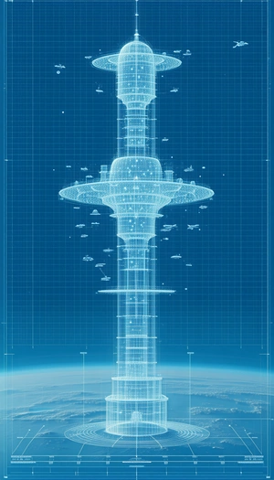 A Futuristic Space Station With A Large, Tall Tower In The Center