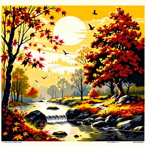 Lifestyle Linocut Print: Holiday Celebration During Autumn With Painting Forest