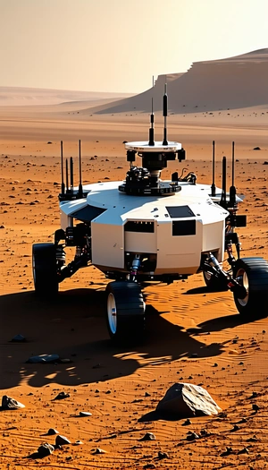 A White Robotic Vehicle With A Large Antenna On Top, Driving Across A Sandy Terrain