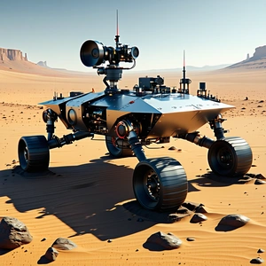 A Futuristic Robot Is Standing On A Rocky Surface, With A Desert Landscape In The Background