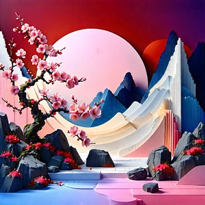 Nature Geometric Design: Cherry Blossoms In Rocky Terrain With Beautifully Painted