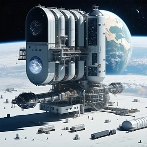 A Large White Space Station Is Shown In A Drawing, With A Large Globe In The Background