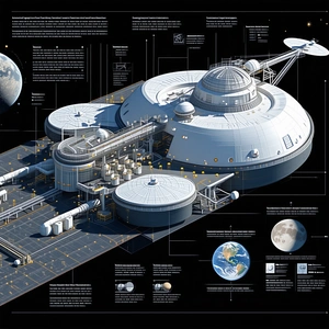 A Large Space Station Is Shown In A Diagram, With Various Parts Labeled