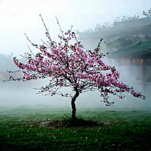Nature Aerial Photography: Cherry Blossoms In Misty Environment With Small Tree