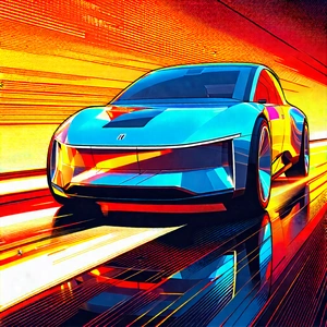 Tech Woodcut Print: Innovative Electric Vehicle Design With Blue Sports