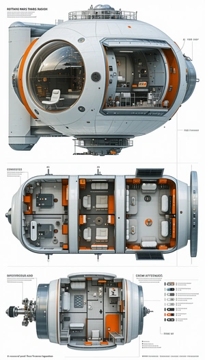 The Image Is A Detailed Drawing Of A Space Station, Showing Various Rooms And Their Functions