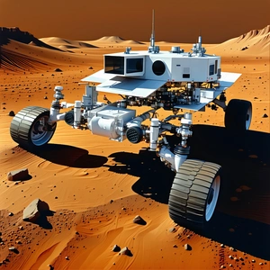 A White Vehicle, Possibly A Rover, Driving Across A Rocky Terrain