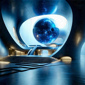 Futuristic Innovation Hub With Large, Blue,