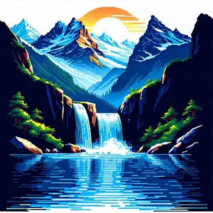 Nature Woodcut Print: Waterfall Pool Surrounded By Mountain Peaks With Image, There