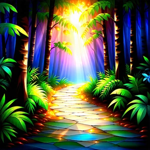 Nature Oil Painting: Path Through Tropical Jungle With Image, There