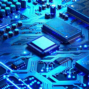 Circuit board with blue light (glow:1.23)