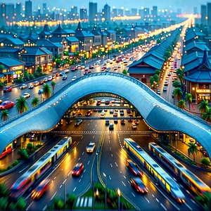 Urban Technical Illustration: Aerial View Of Transportation Hub With Futuristic Cityscape
