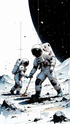 In The Image, There Are Two Astronauts Standing On A Rocky Surface, Possibly On The Moon
