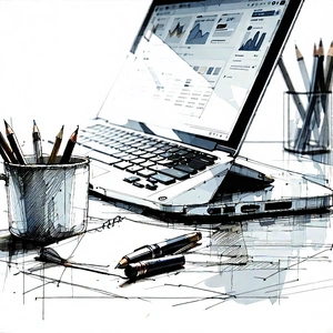 Business Ink Drawing: Workplace With Laptop And Coffee On Desk With Laptop Computer