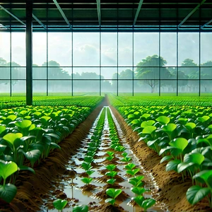 Agricultural Technology In Tech Office With Large Greenhouse