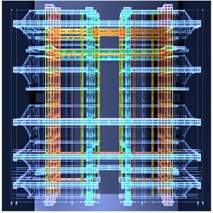 The Image Is A Blue And Yellow Drawing Of A Building, Possibly A Skyscraper