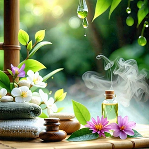 Lifestyle Blender Artwork: Wellness Scene With Aromatherapy With Wooden Table