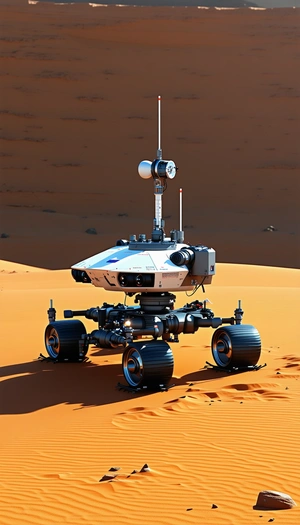 A Large Robotic Vehicle With Four Wheels, Sitting In A Desert-like Environment