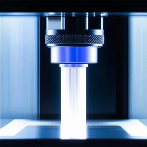 A Blue And White Machine With A Clear Glass Cylinder On Top
