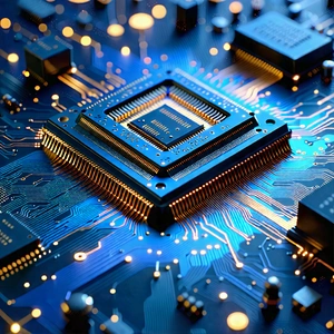 Tech Landscape Photography: Microchip with data streams