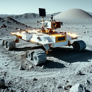 A White Robotic Vehicle, Possibly A Rover, Sitting On A Rocky Surface