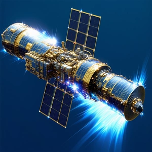 A Futuristic Spacecraft With A Large, Shiny, And Blue Hull