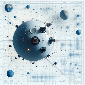 In The Image, There Is A Large, Blue, Three-dimensional Model Of A Spacecraft