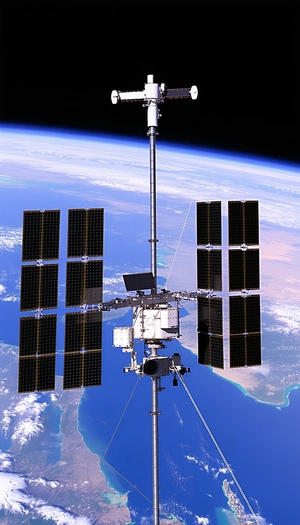 A Large Satellite With A Long Antenna, Floating In The Sky