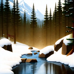 Nature Editorial Photography: Mountain Stream Surrounded By Snow-covered Trees With Image, There