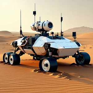 A Robotic Vehicle Is Parked In A Desert-like Environment