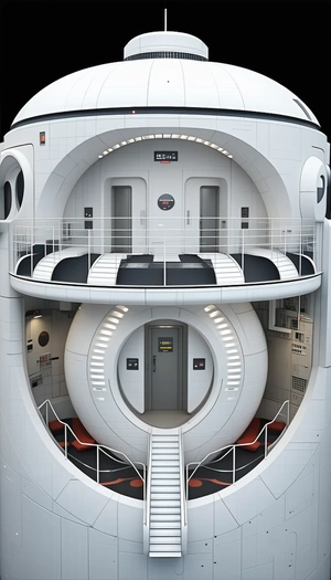 In The Image, There Is A Large White Spacecraft With A Circular Design, Resembling A Space Station