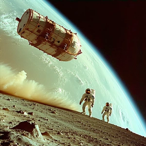 In The Image, There Are Two Astronauts Standing On The Moon, Looking Out At The Earth