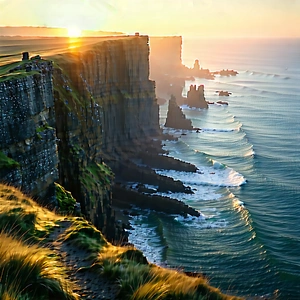 Nature Editorial Photography: Coastal cliff during (sunset:1.43)