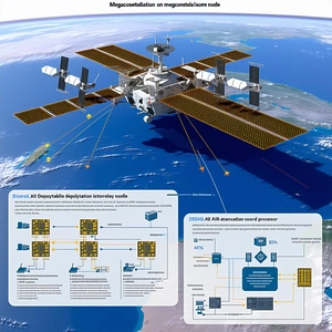 A Large Spacecraft With A Satellite Dish On Top, Floating In The Sky